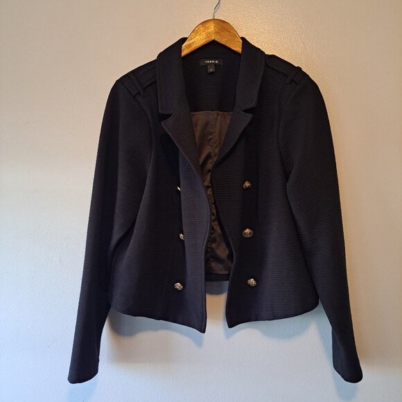 Chicos Womens Open Padded Shoulder Blazer Jacket Black Gold Buttons‎ Size 1 - Picture 1 of 12